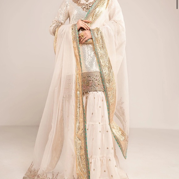 Maria B Dresses & Skirts - Elegant Cream and Gold Long Sleeve Dress